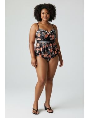 NWT Marinavida Retro Floral High Waisted Tankini Swimsuit Set Black Orange, XXL